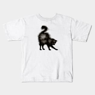 Stretching Black Fluffy Cat Kids T-Shirt